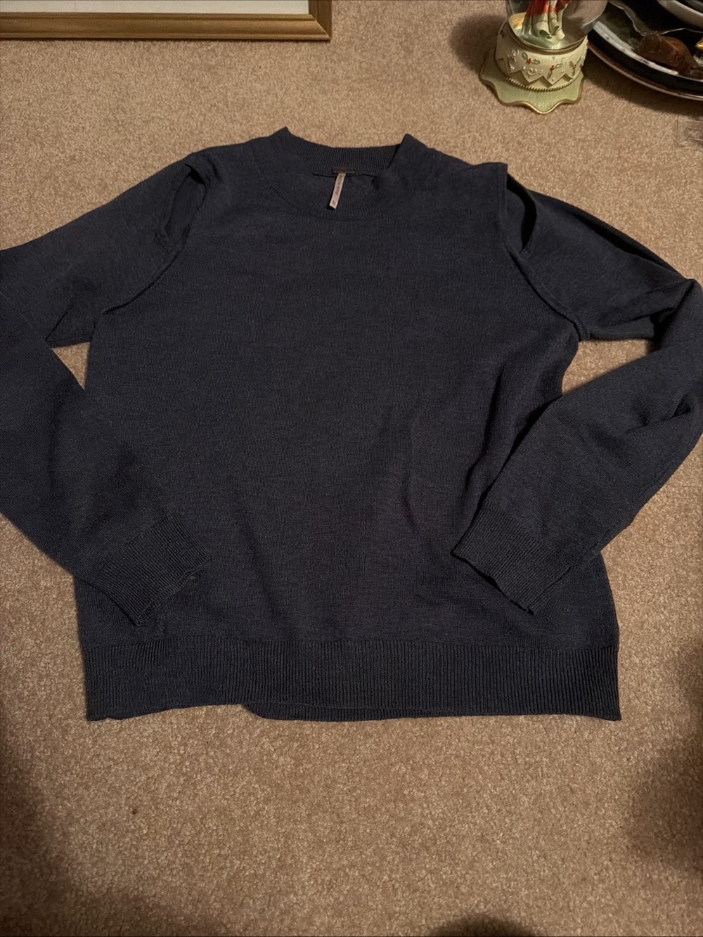 Poof Crew Neck Pullover Navy Sweater Size Medium with Cutouts Near Shoulder EUC